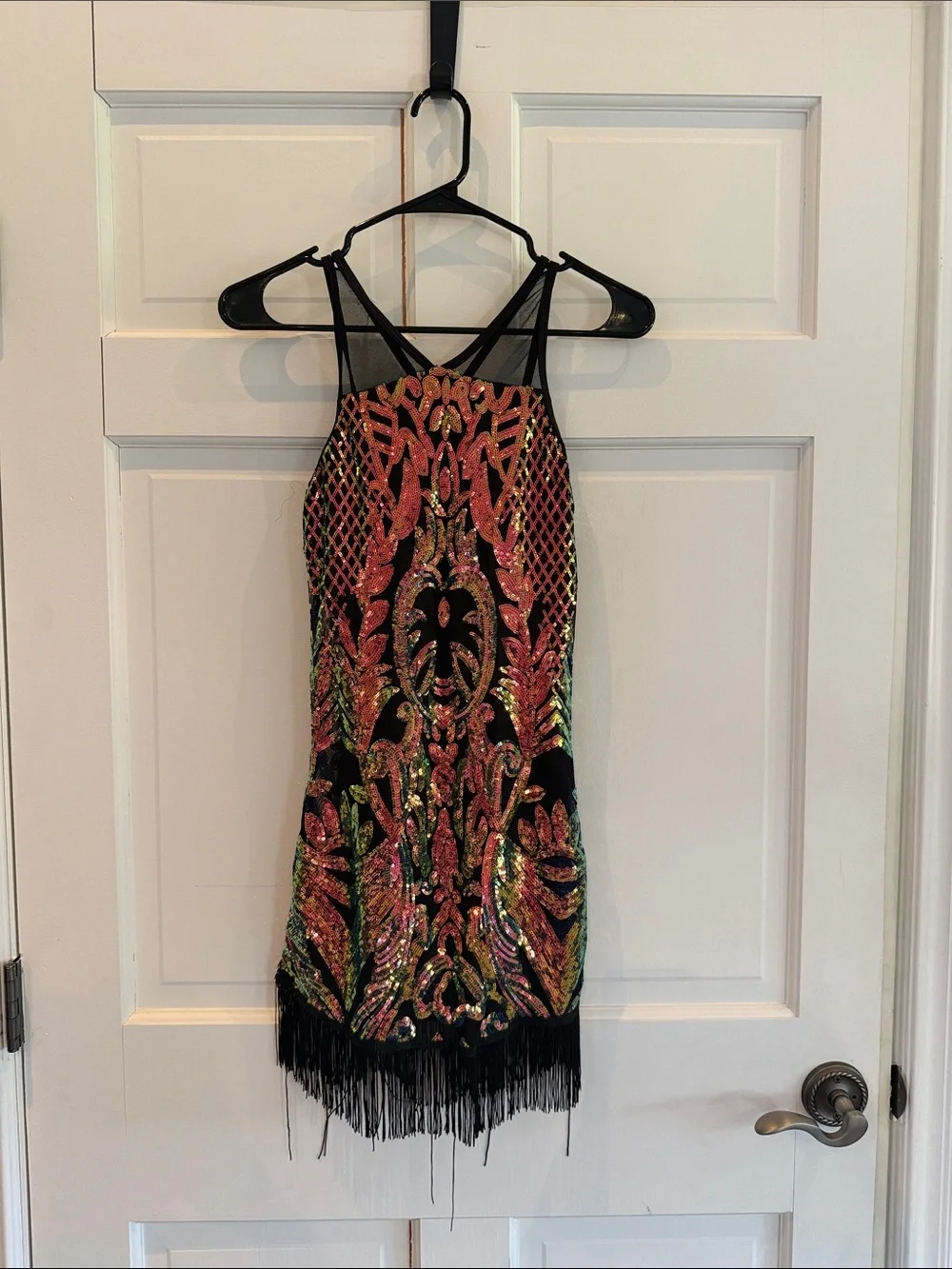 Sequin Fringe Party Dress - Black with Iridescent Pink-Green Embroidery